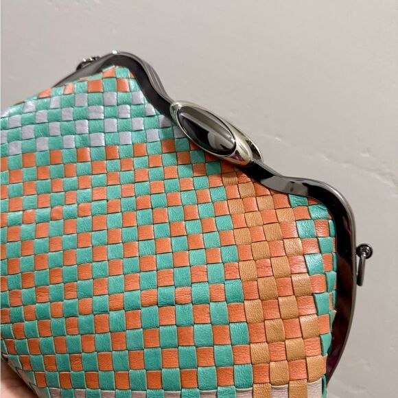 Colorblock Woven Cowhide Handmade Custom Metal Frame Handbag, Multi Use Style - Picture 13 of 16